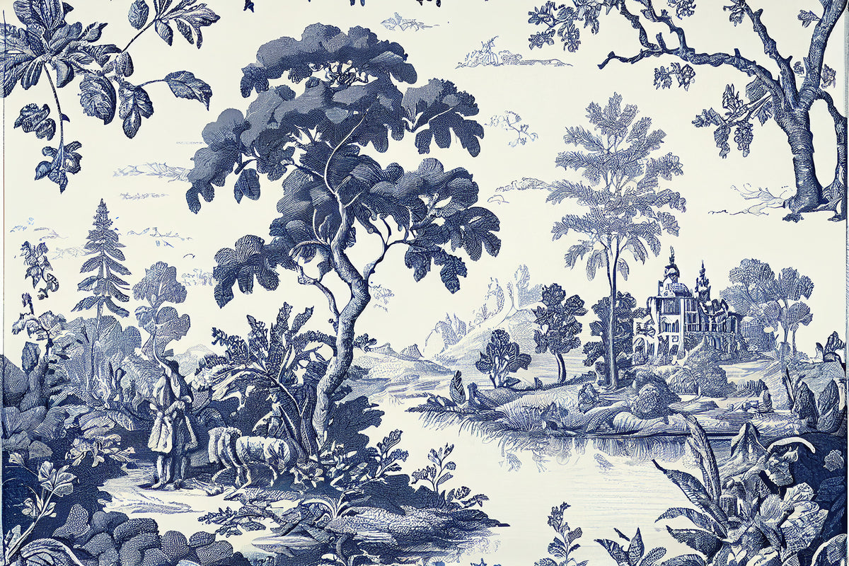 Papier peint panoramique toile de Jouy bleu indigo représentant un jardin paysager avec arbres, feuillages et pavillon