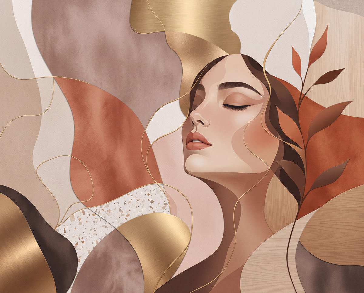 Papier peint panoramique Muse d’Ambre avec portrait de femme abstraite, formes terracotta, beige, brun et détails dorés.