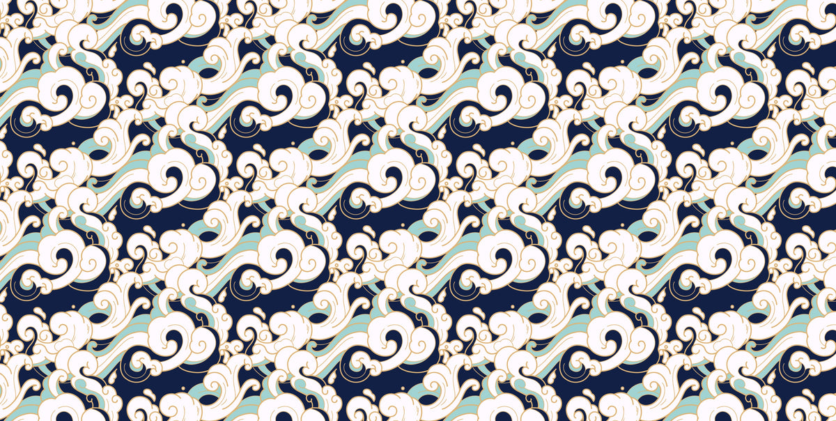 Motif de vagues et nuages stylisés blancs, céladon et dorés sur fond bleu marine