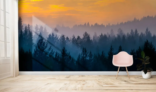 Papier peint panoramique forêt de sapin au coucher de soleil - Poésie Murale