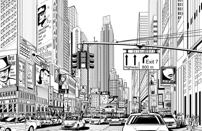 Papier peint panoramique illustration times square en noir et blanc - Poésie Murale
