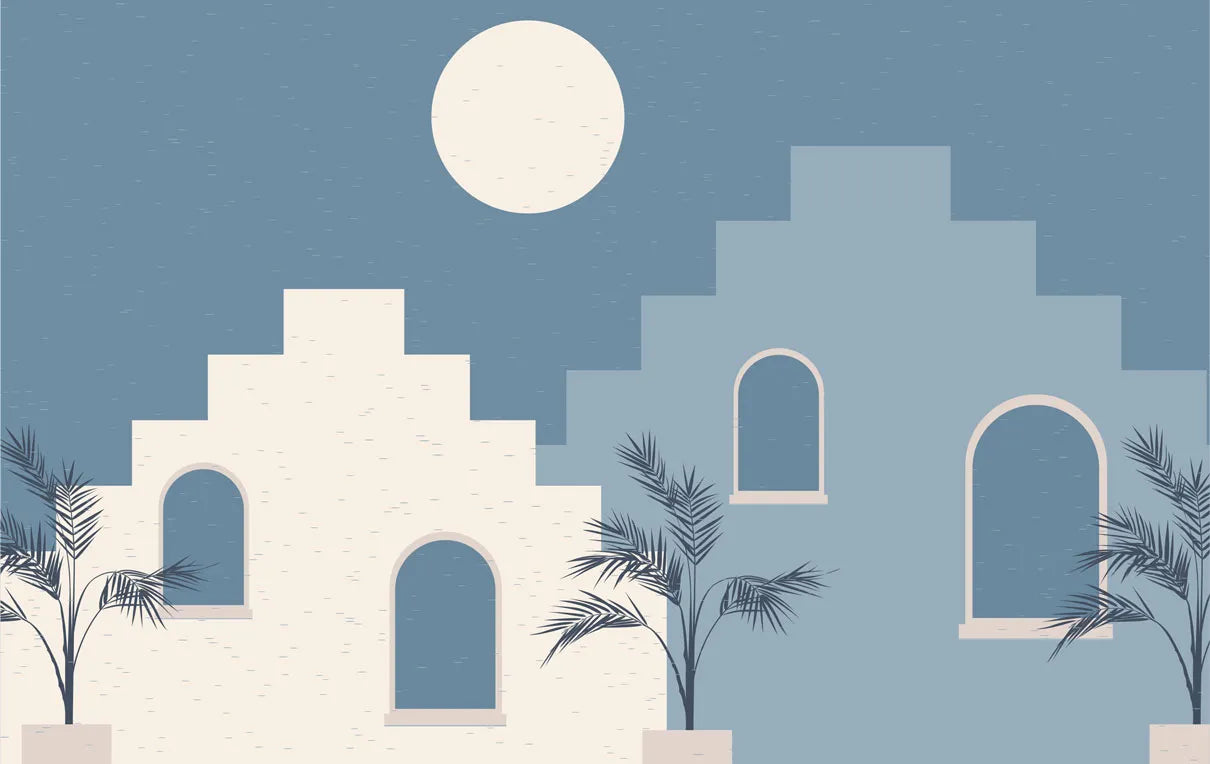 Papier peint panoramique ville graphique sous la pleine lune - Poésie Murale