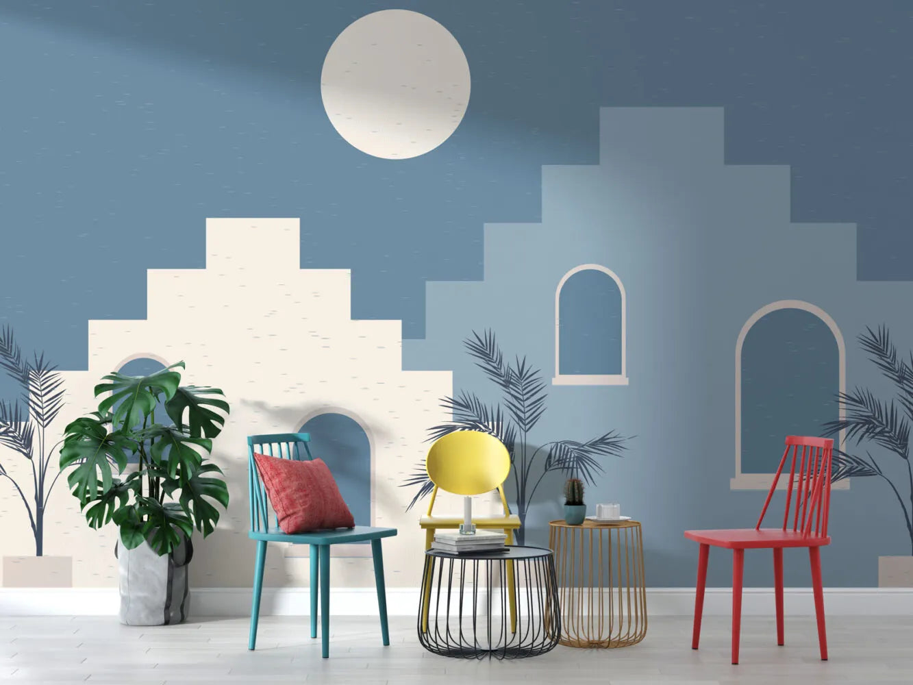 Papier peint panoramique ville graphique sous la pleine lune - Poésie Murale