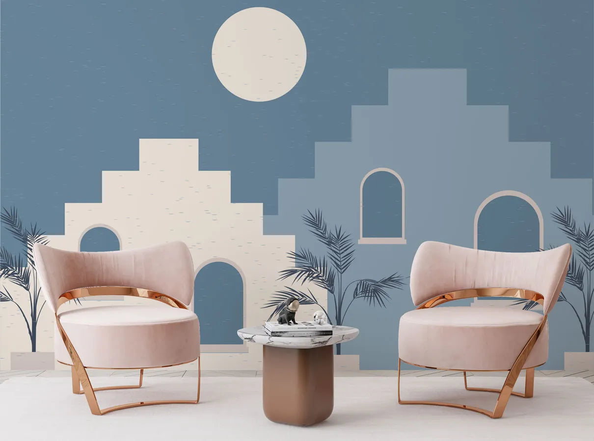 Papier peint panoramique ville graphique sous la pleine lune - Poésie Murale
