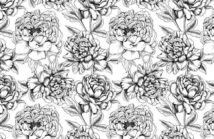 Papier peint panoramique illustration floral noir et blanc - Poésie Murale