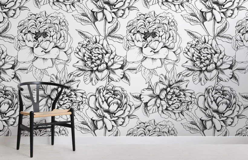 Papier peint panoramique illustration floral noir et blanc - Poésie Murale