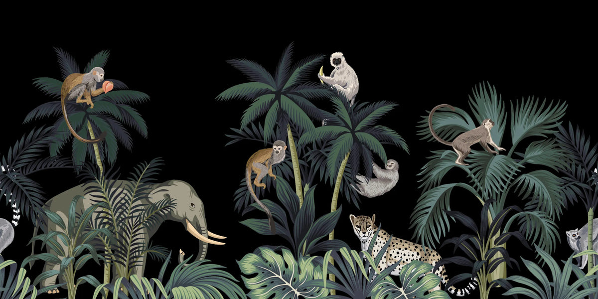 Papier peint panoramique animaux de la savane singe et palmier