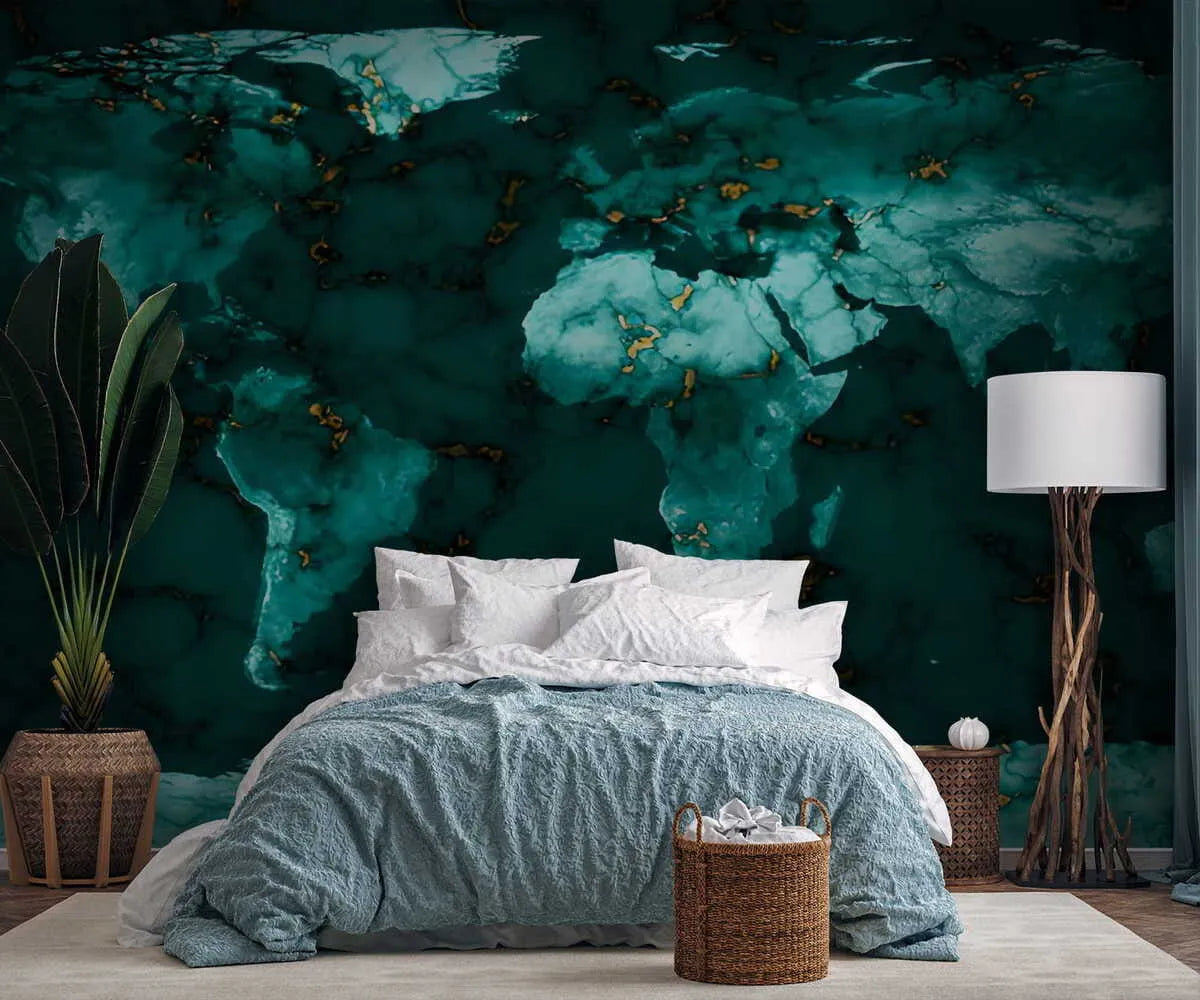 Papier peint carte du monde effet marbre vert