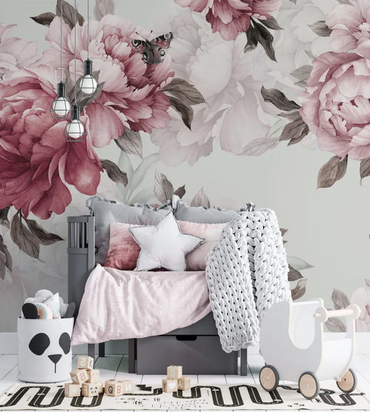 Papier peint fleurs de pivoine rose et rouge - Poésie Murale