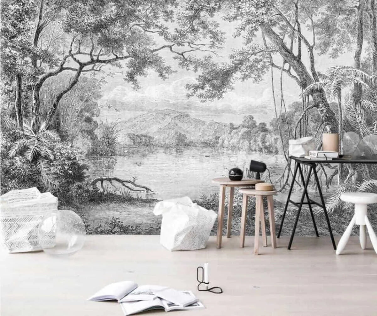 Papier peint forêt noir et blanc