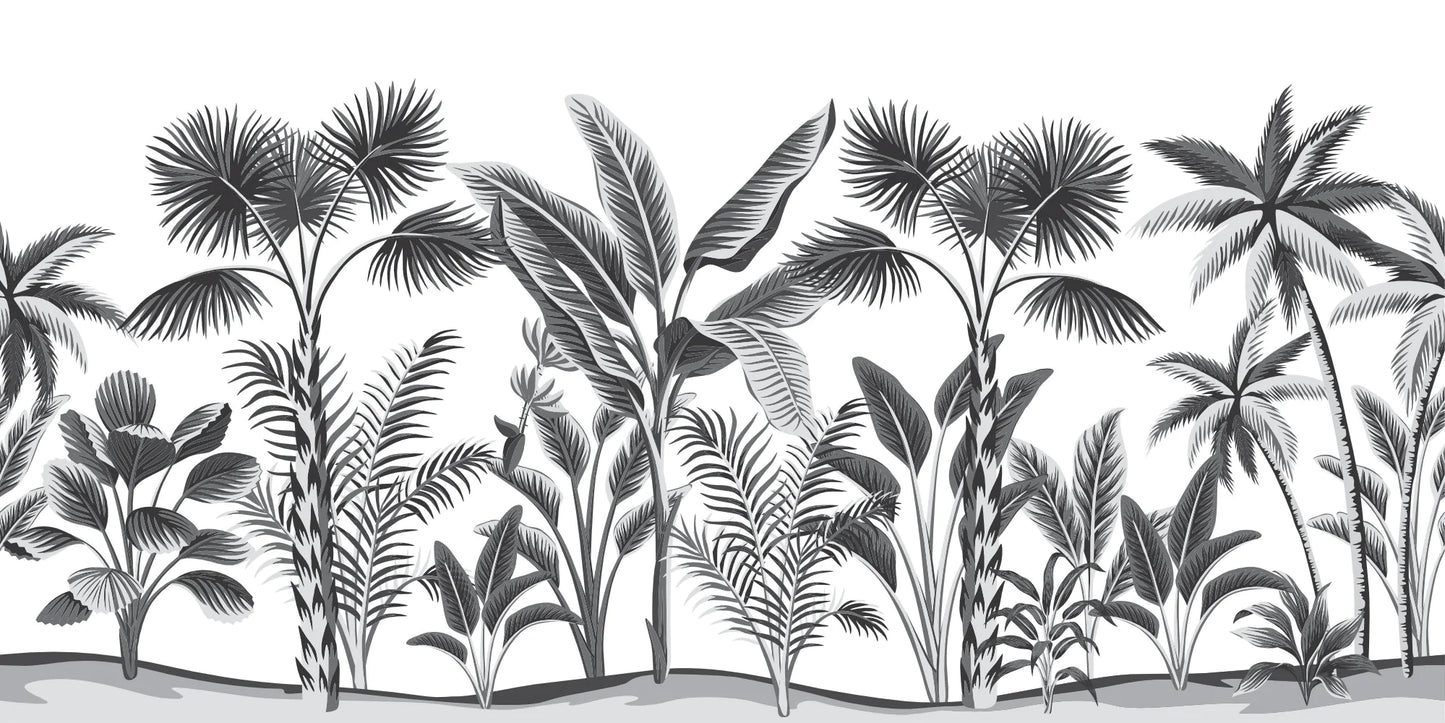 Papier peint panoramique dessin végétation tropicale noir et blanc