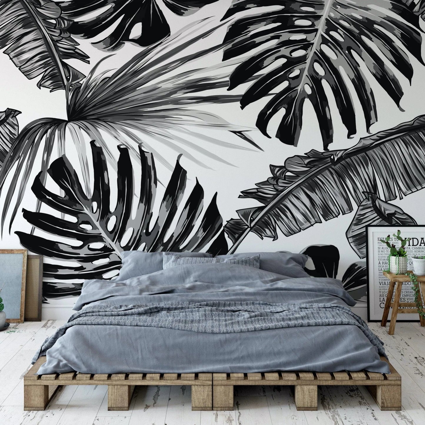 Papier peint panoramique monstera noir et blanc