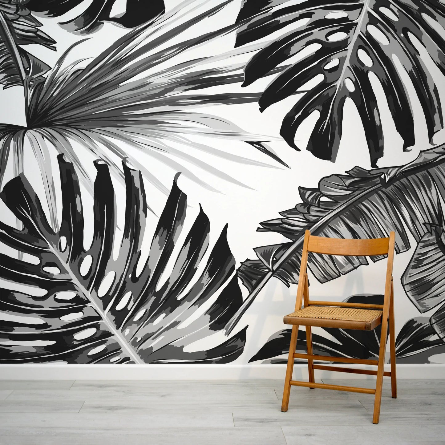 Papier peint panoramique monstera noir et blanc