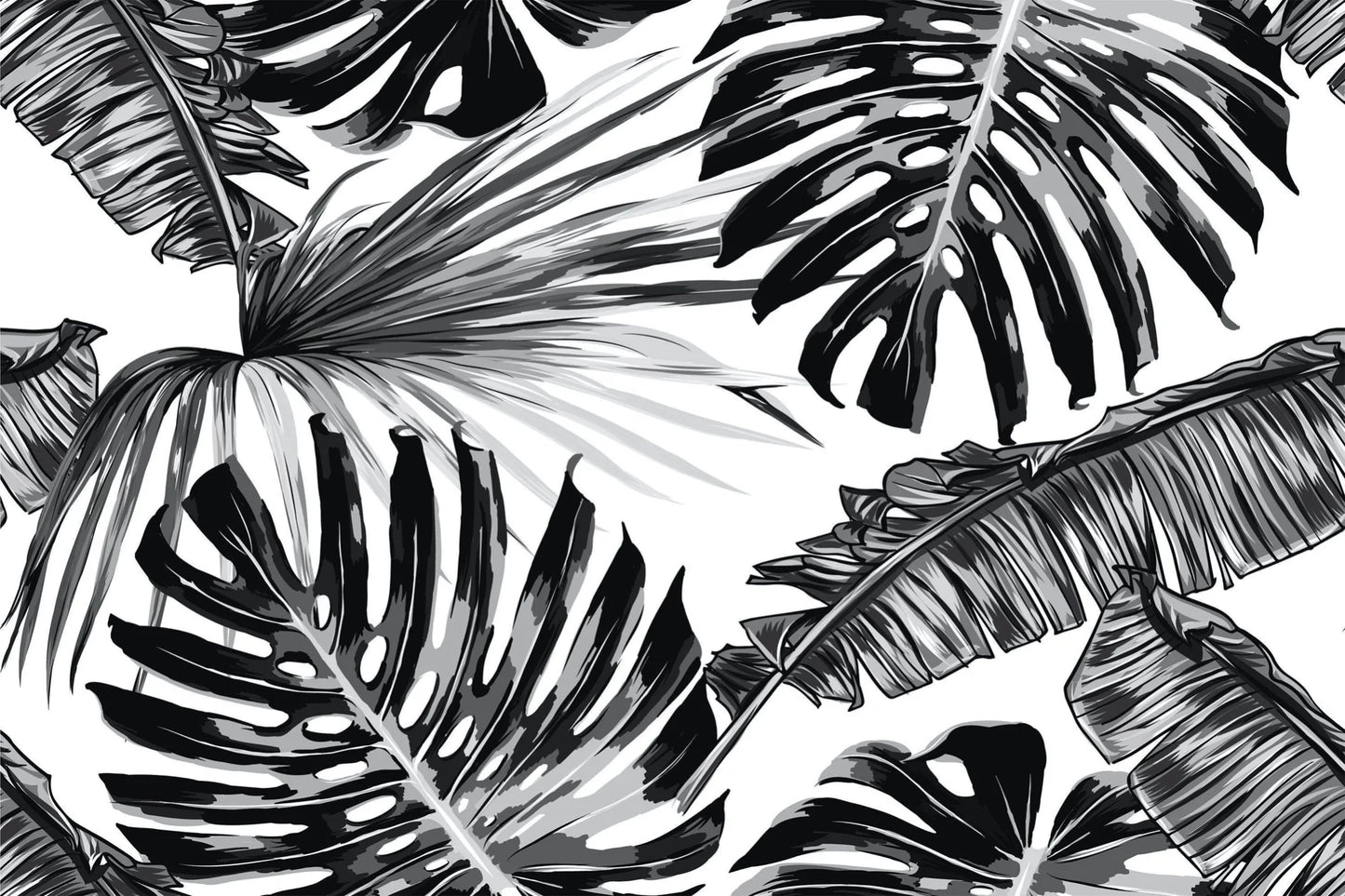 Papier peint panoramique monstera noir et blanc