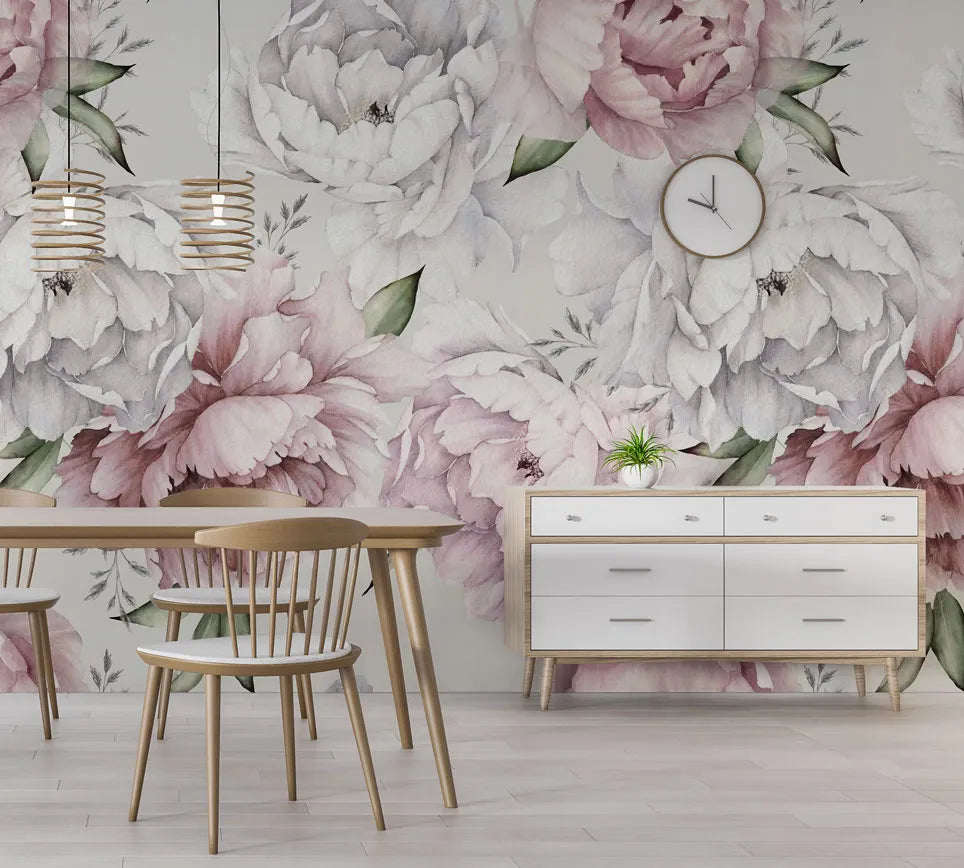 Papier peint panoramique fleurs roses et blanches - Poésie Murale