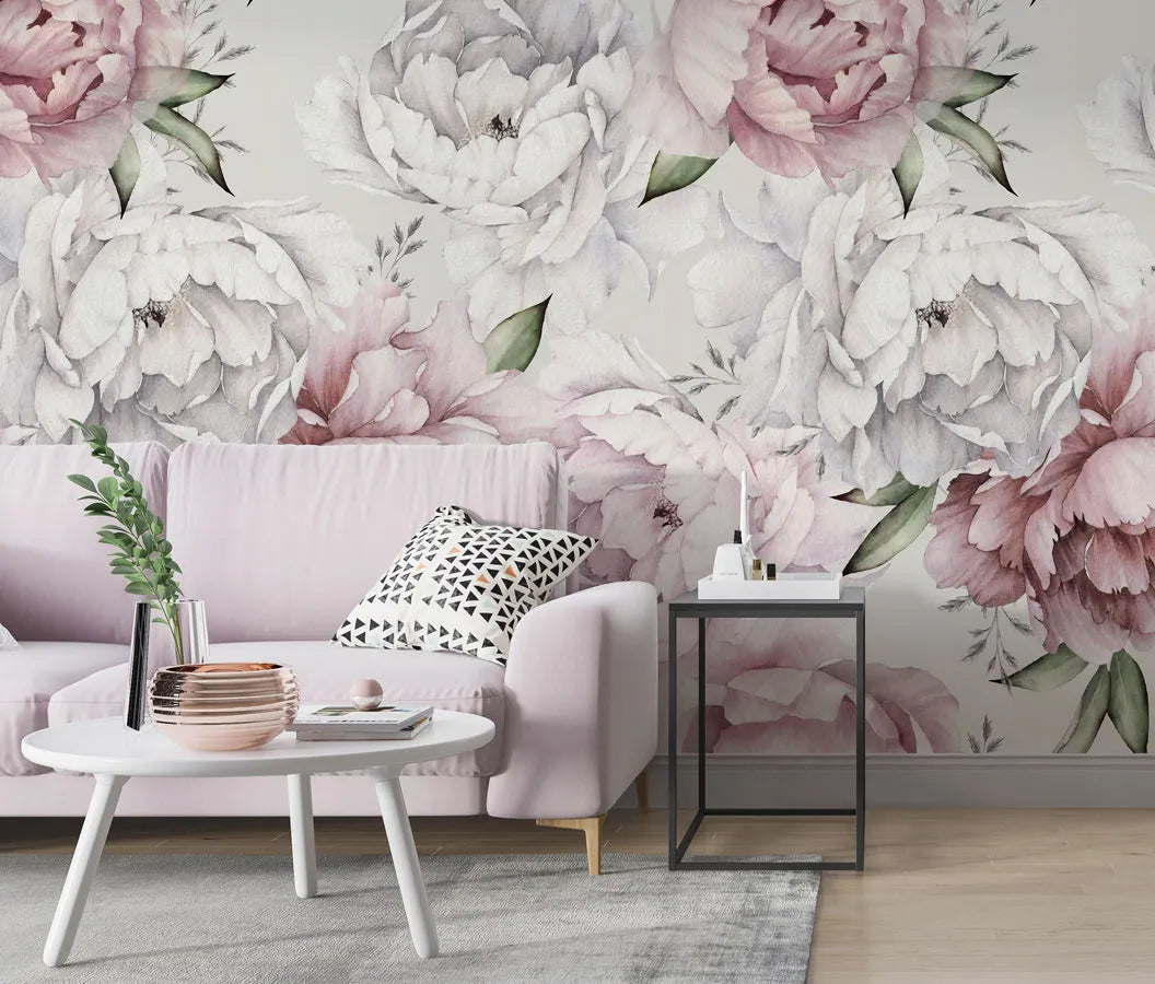 Papier peint panoramique fleurs roses et blanches - Poésie Murale