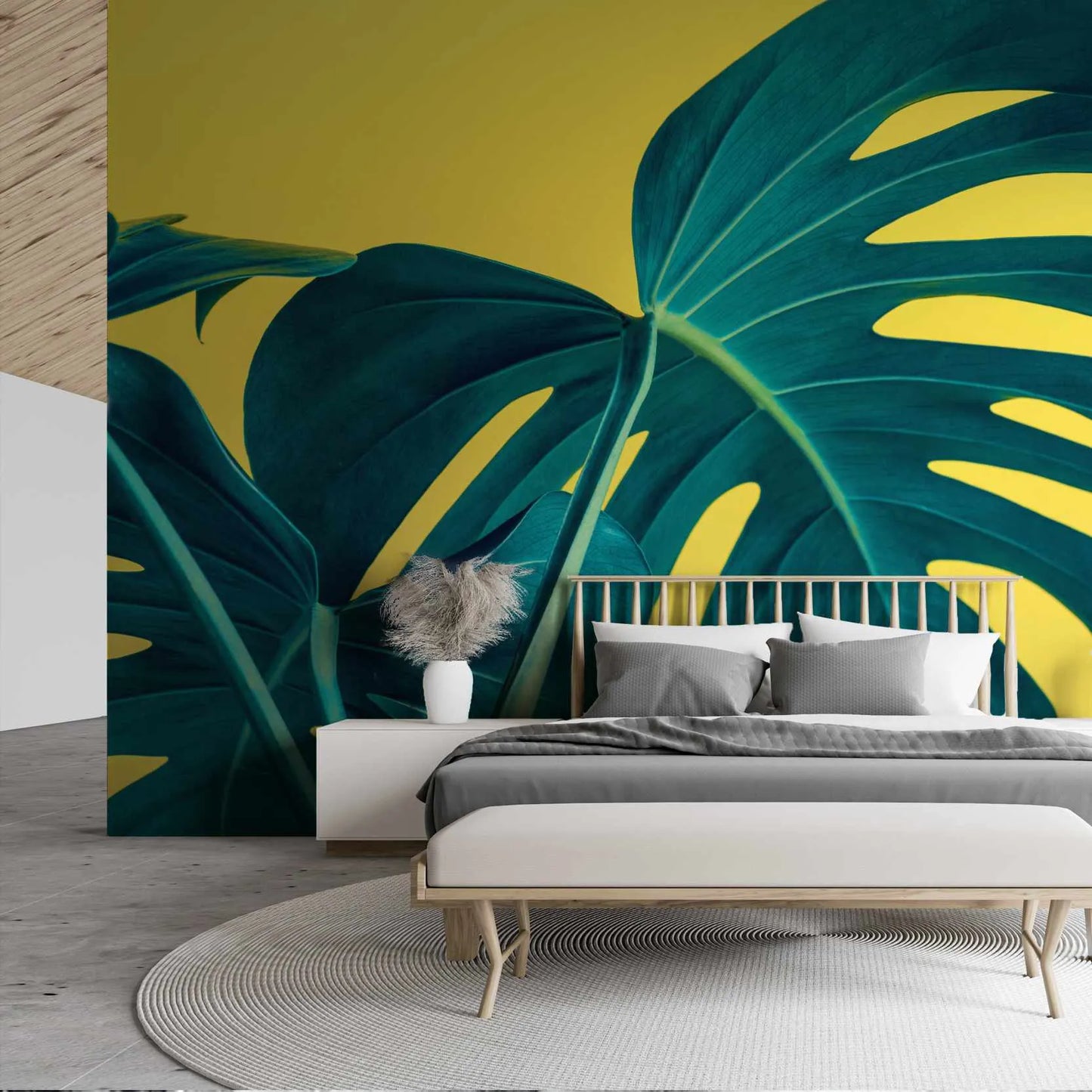 Papier peint panoramique grande feuille de monstera fond jaune