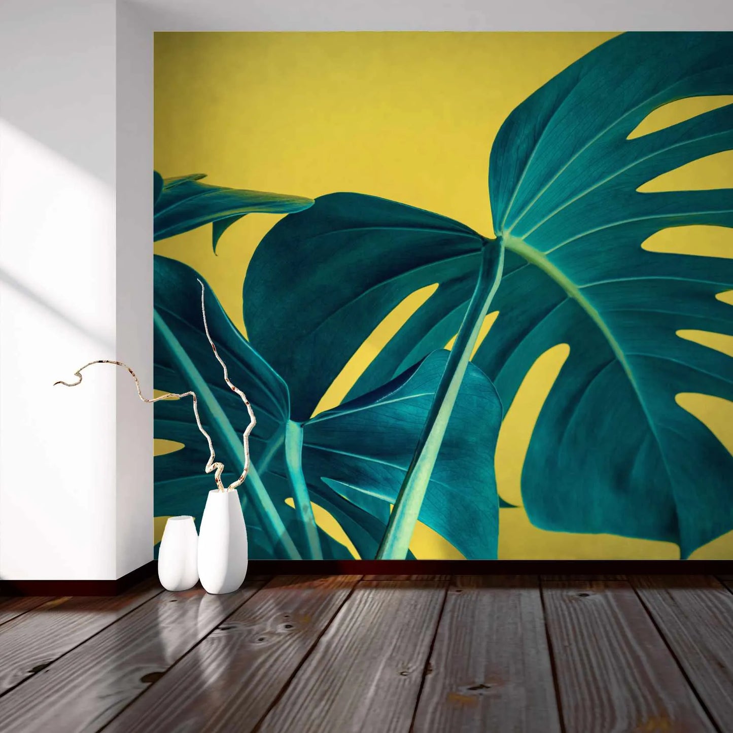 Papier peint panoramique grande feuille de monstera fond jaune