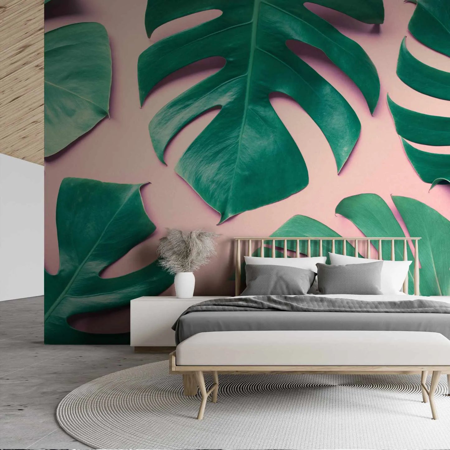 Papier peint panoramique grande feuille de monstera fond rose