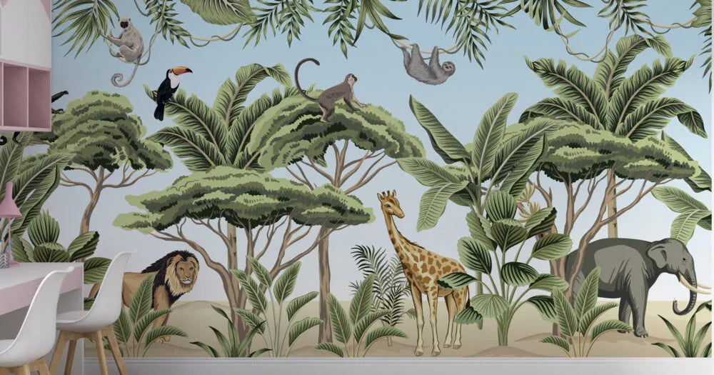 Papier peint panoramique paysage tropical et animaux exotiques