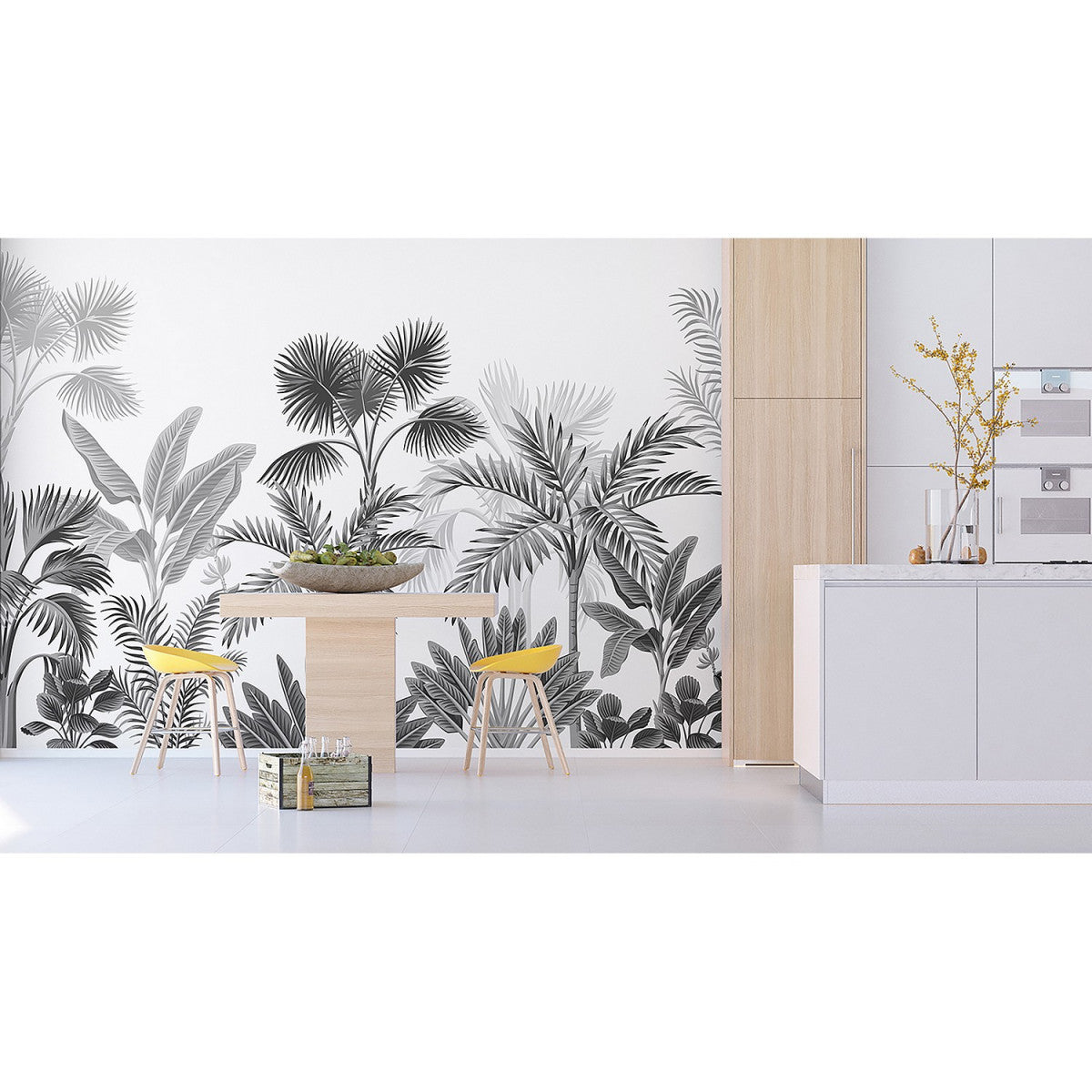 Papier peint panoramique tropical noir et blanc