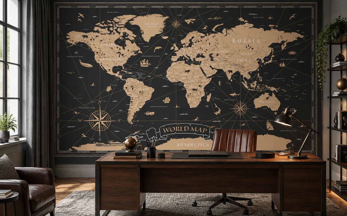 Papier peint panoramique carte du monde noir et beige - Bureau