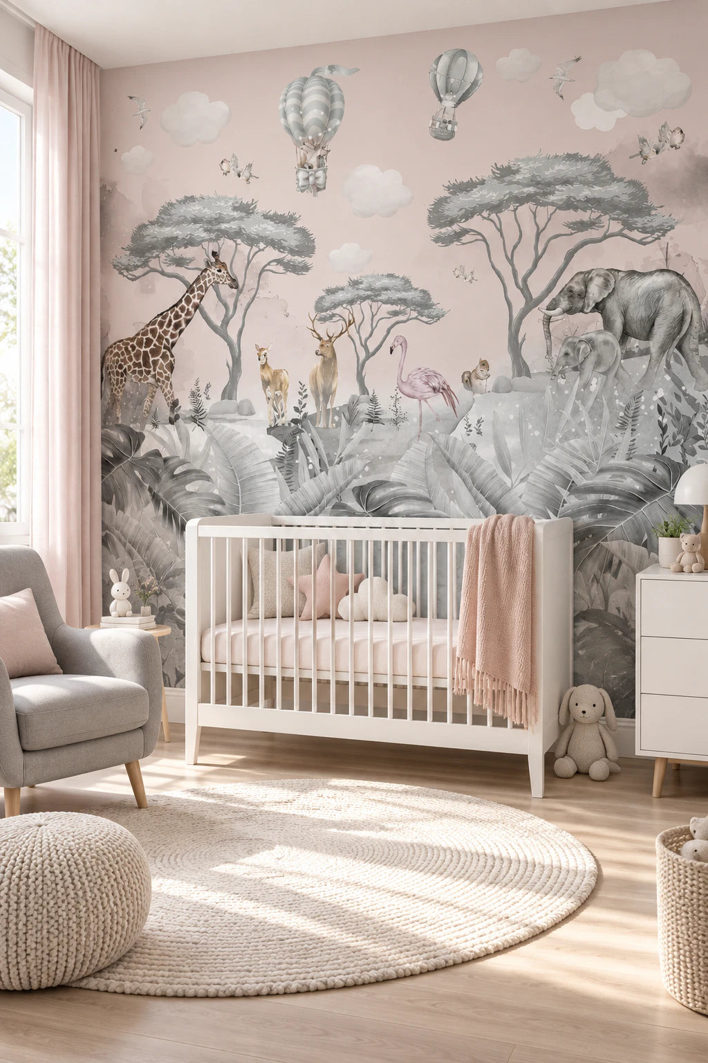 Papier peint girafe, éléphant dans la savane - Chambre Bébé