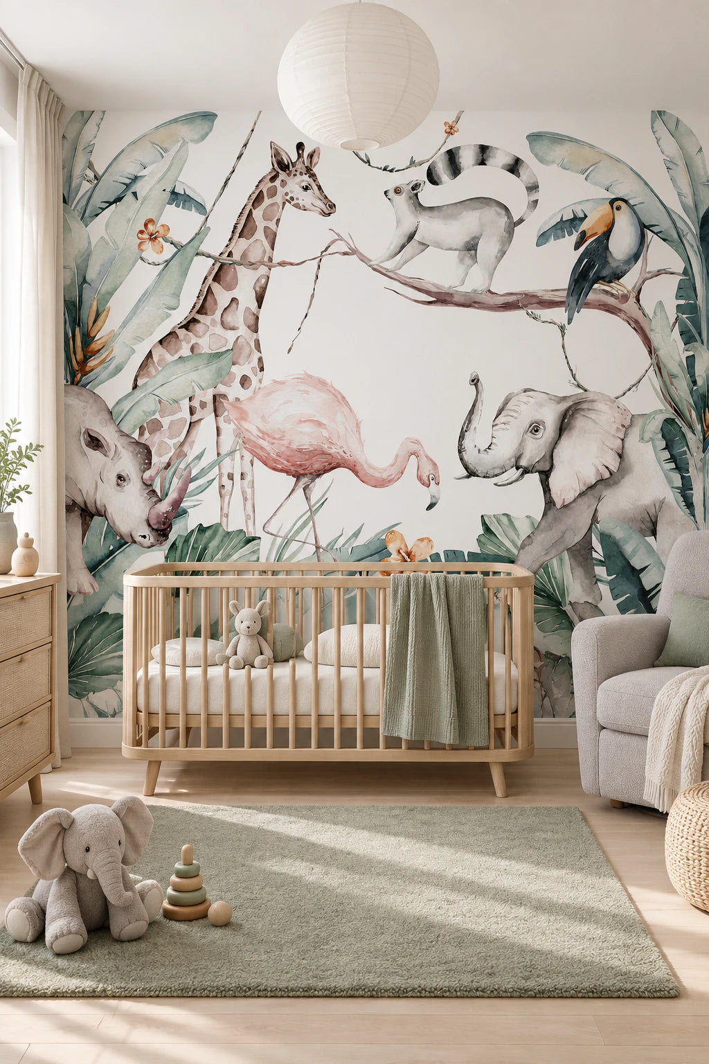 Papier peint chambre enfant, girafe, éléphant & Flamant rose - Chambre Bébé