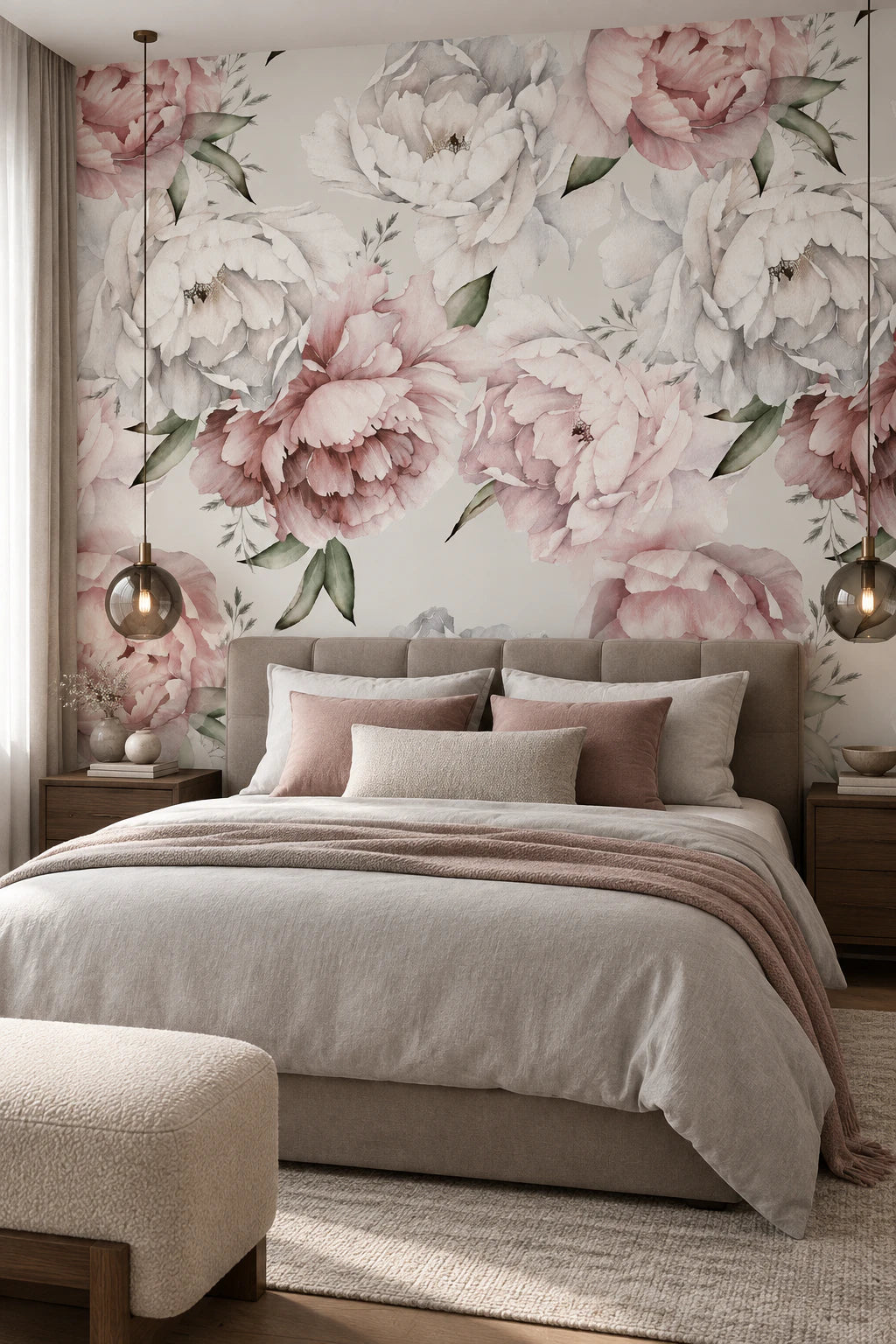 Papier peint panoramique fleurs roses et blanches - Chambre Parentale