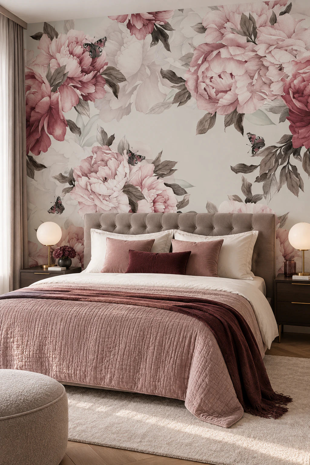 Papier peint fleurs de pivoine rose et rouge - Chambre Parentale