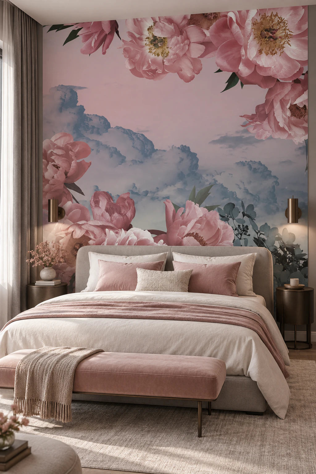 Papier peint panoramique fleurs roses - Chambre Parentale