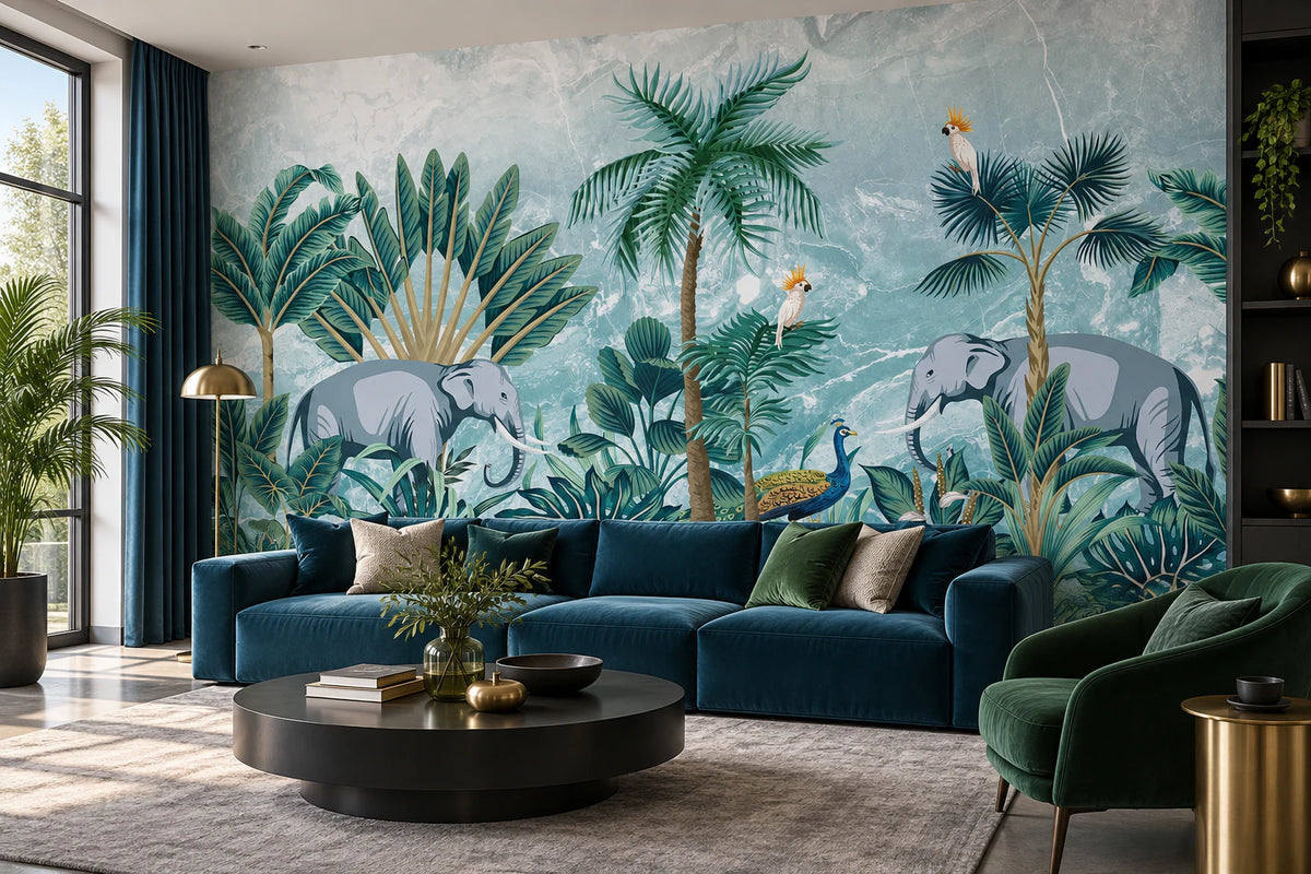 Papier peint panoramique jungle bleue - Salon, Cuisine