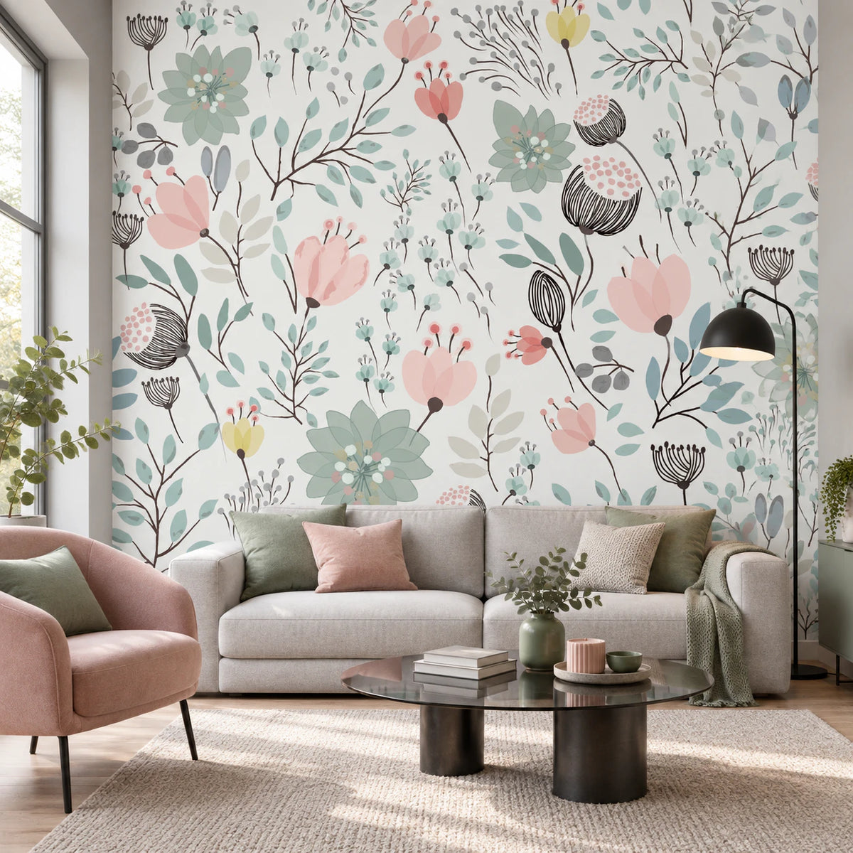 Papier peint illustration florale graphique - Salon, Cuisine
