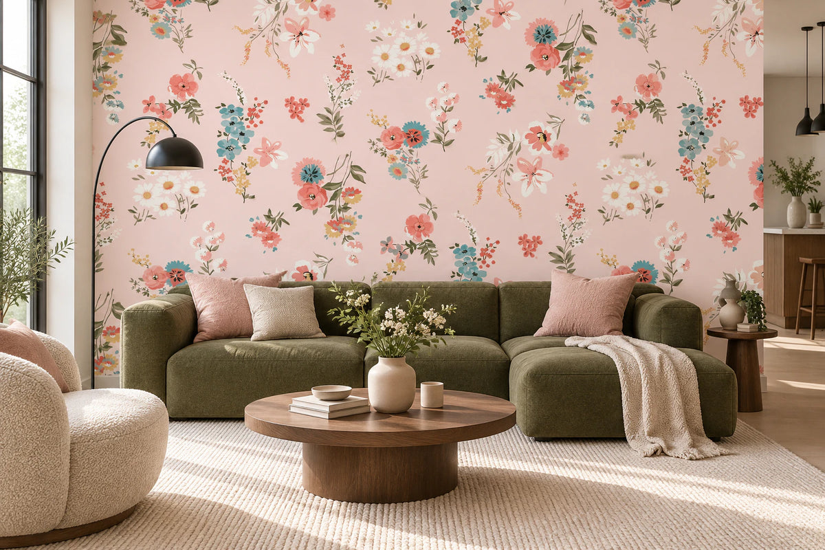 Papier peint panoramique douces fleurs - Salon, Cuisine