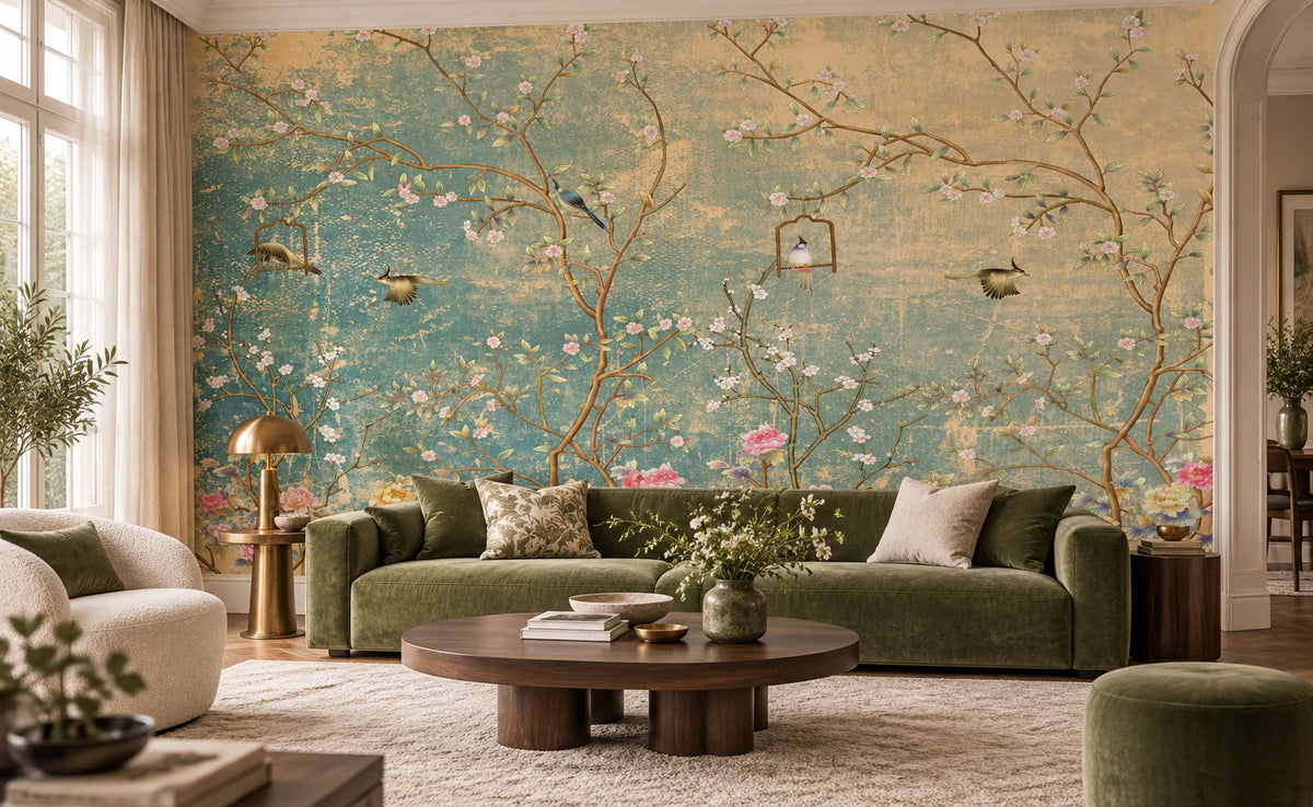 Papier peint panoramique arbuste fleuri et oiseaux - Salon, Cuisine