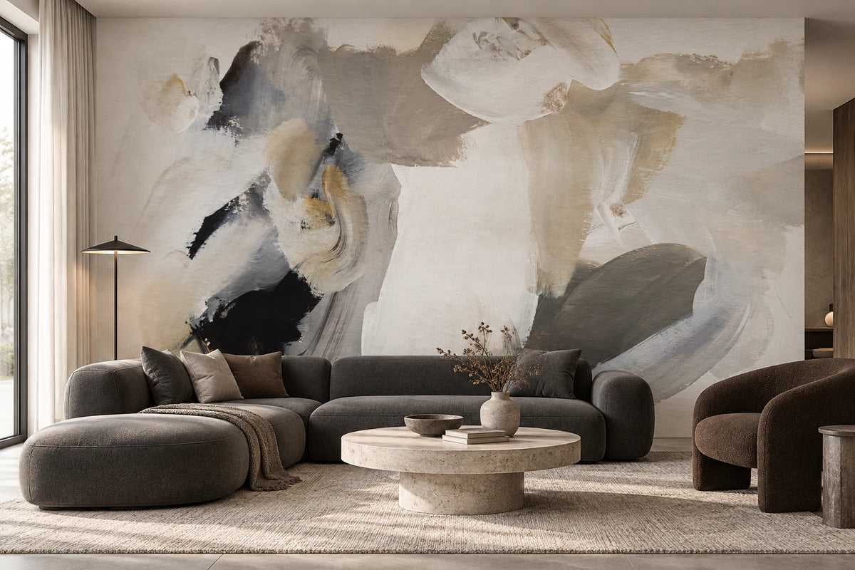 Papier peint panoramique peinture abstraite beige - Salon, Cuisine