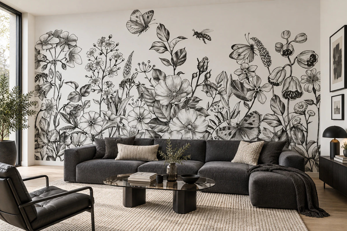 Papier peint floral noir et blanc - Salon, Cuisine