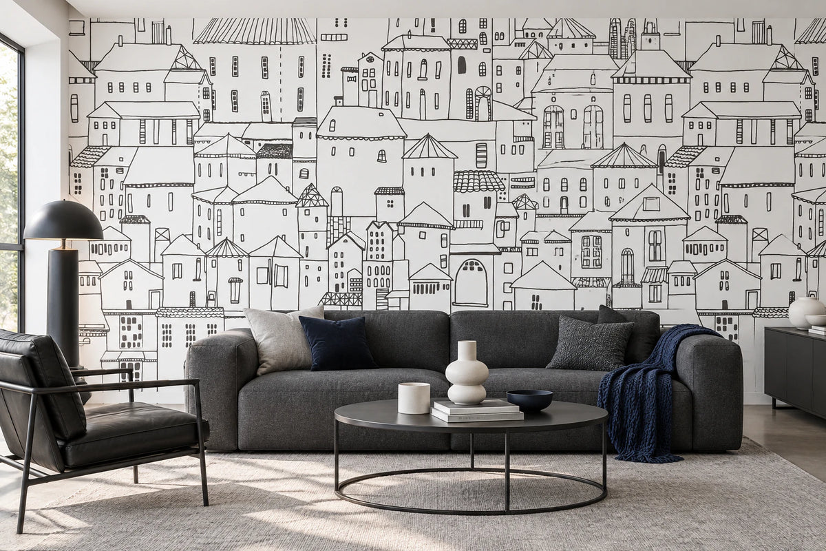 Papier peint panoramique illustration ville noir et blanc - Salon, Cuisine