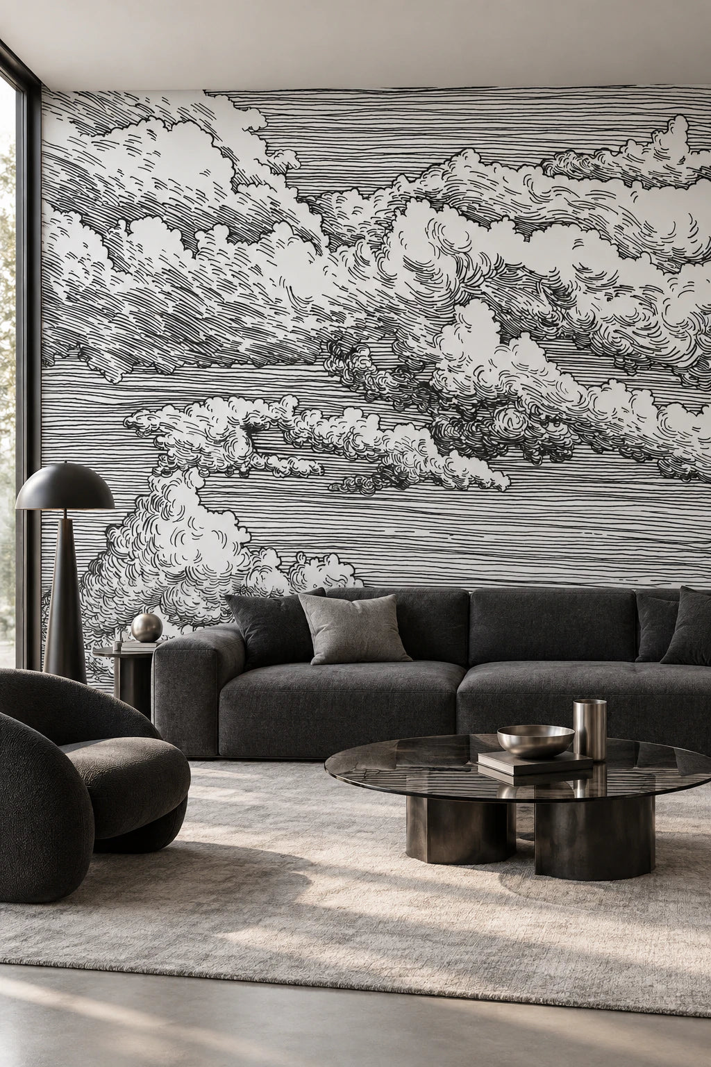 Papier peint panoramique illustration graphique ciel nuageux noir et blanc - Salon, Cuisine