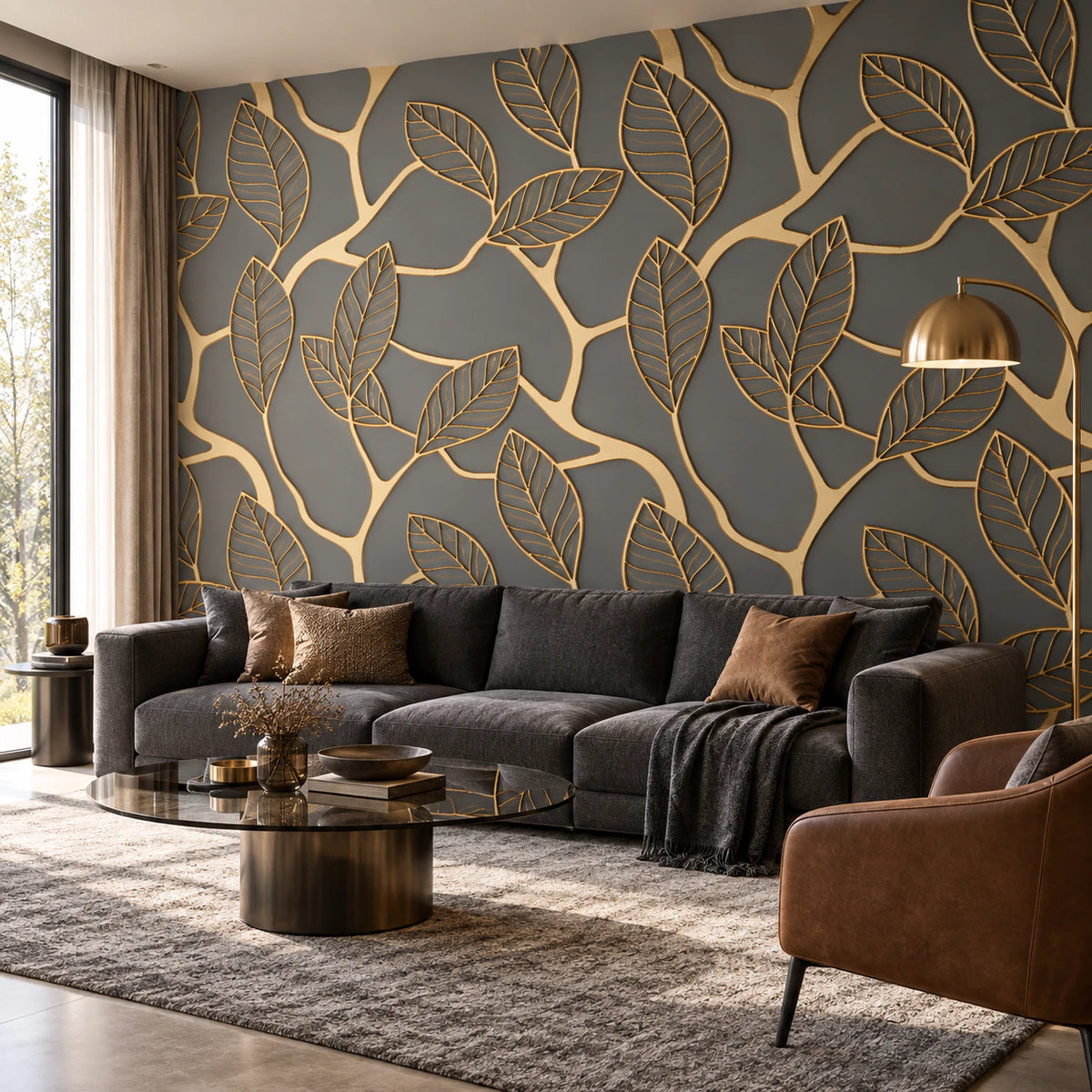 Papier peint fleur d'or 3D - Salon, Cuisine