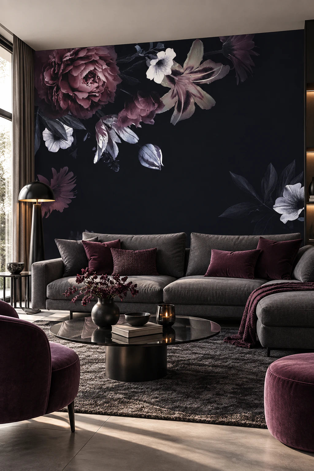 Papier peint fleur bordeaux - Salon, Cuisine