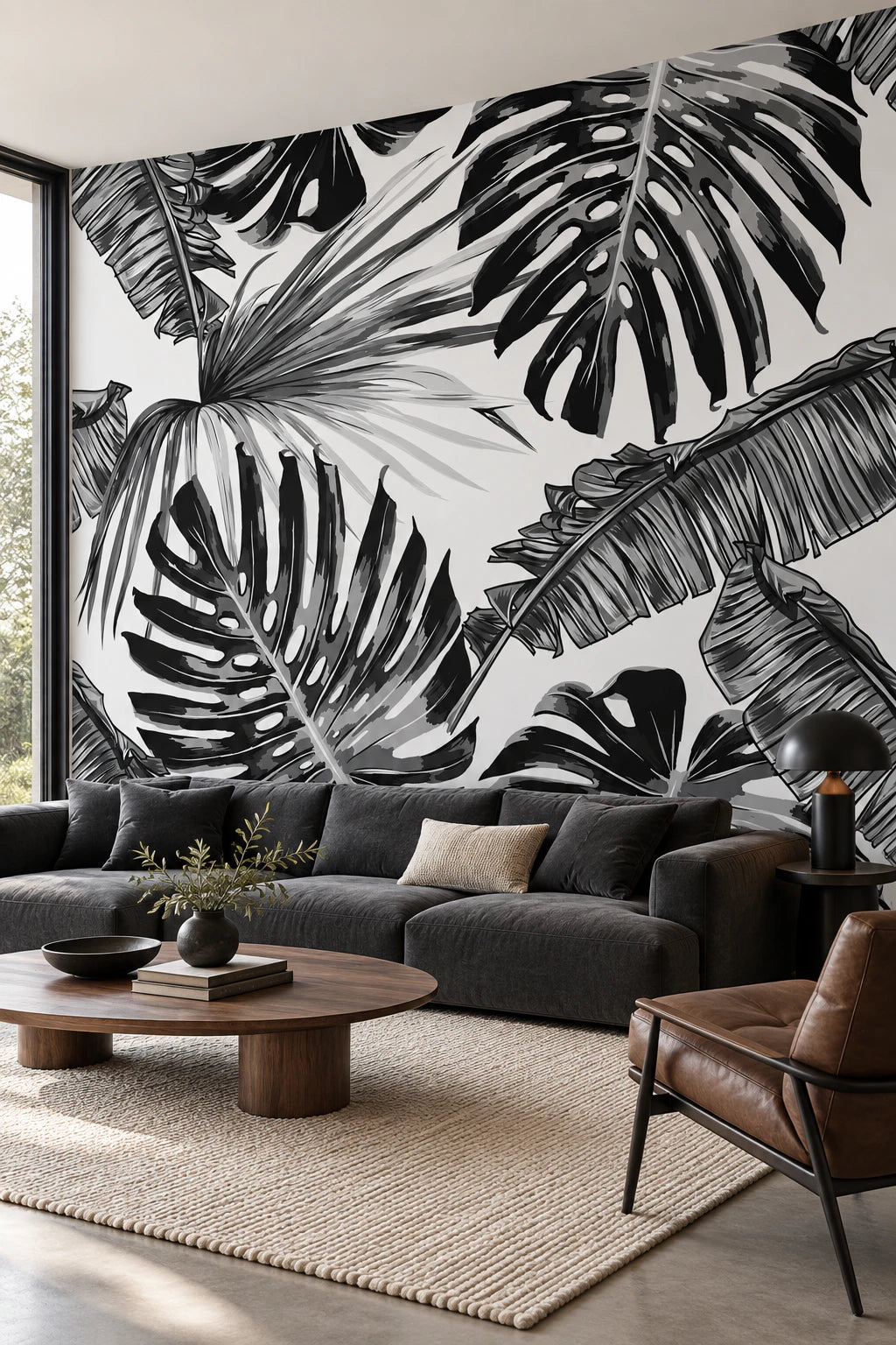 Papier peint panoramique monstera noir et blanc - Salon, Cuisine