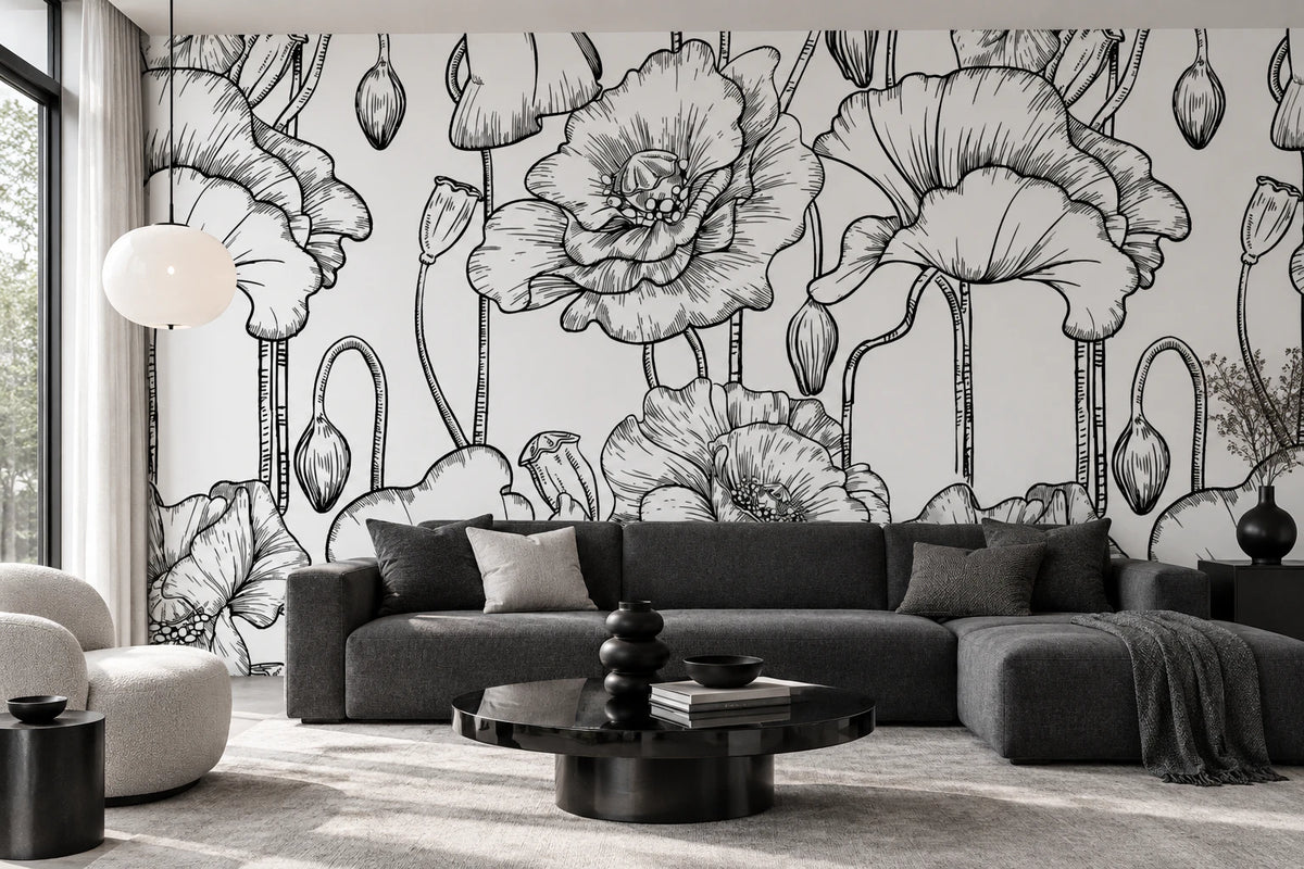 Papier peint panoramique illustration coquelicot noir et blanc - Salon, Cuisine
