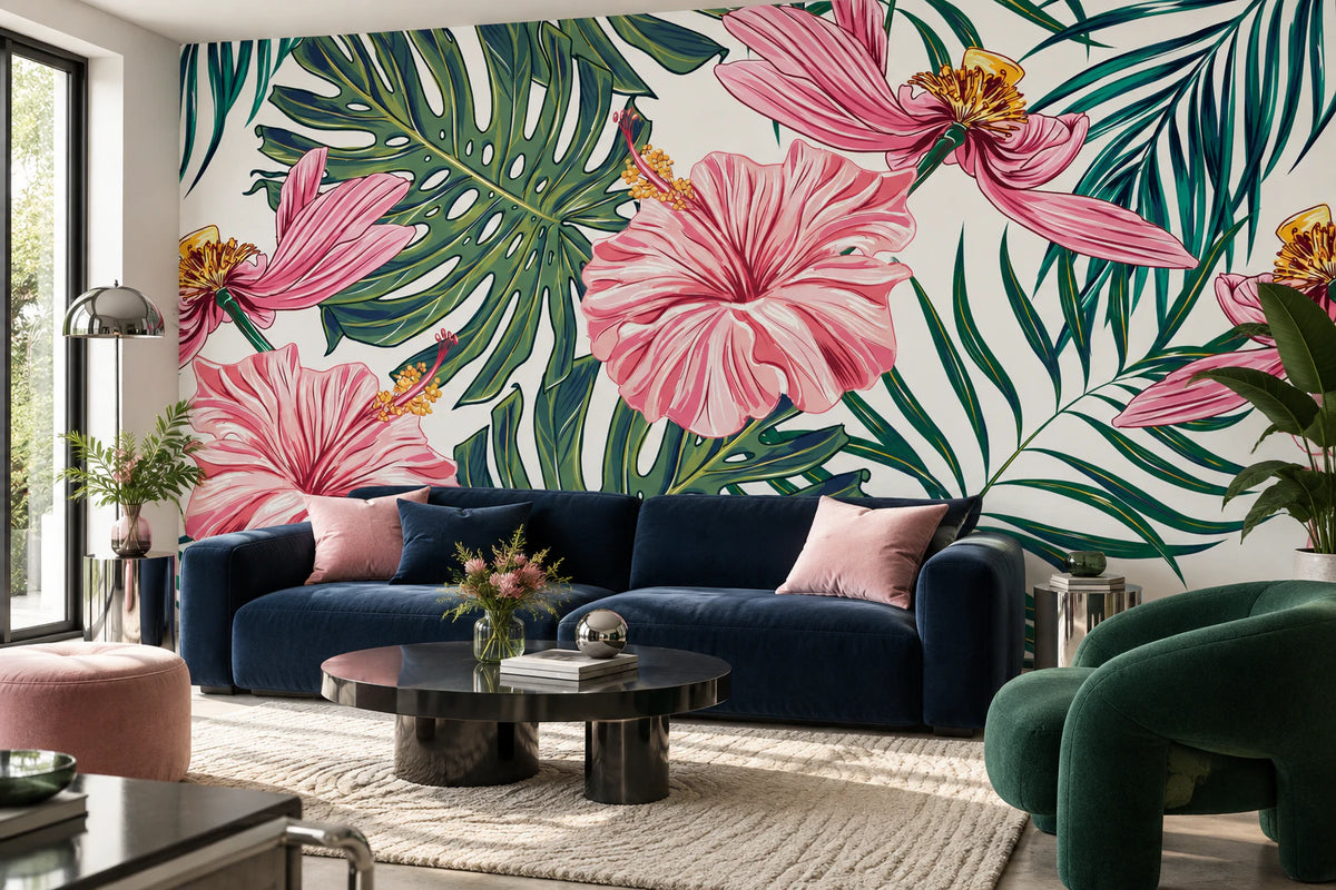 Papier peint panoramique hibiscus et monstera - Salon, Cuisine