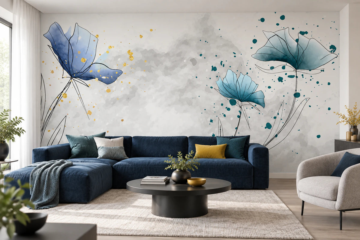Papier peint fleur bleu - Salon, Cuisine