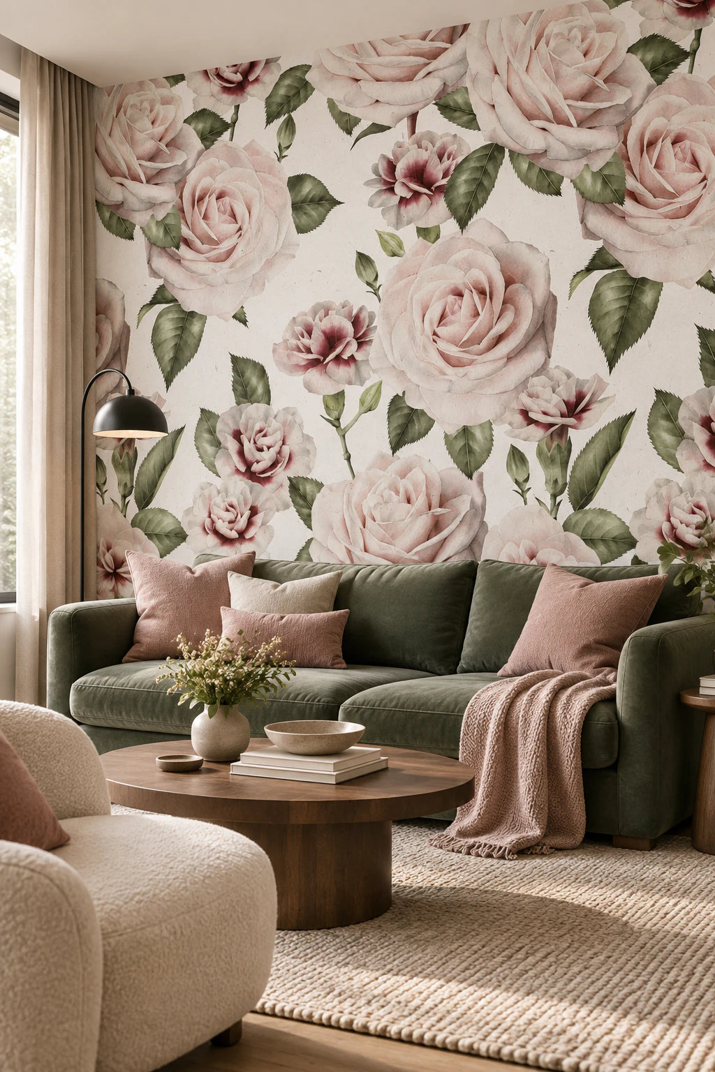 Papier peint panoramique grandes roses - Salon, Cuisine