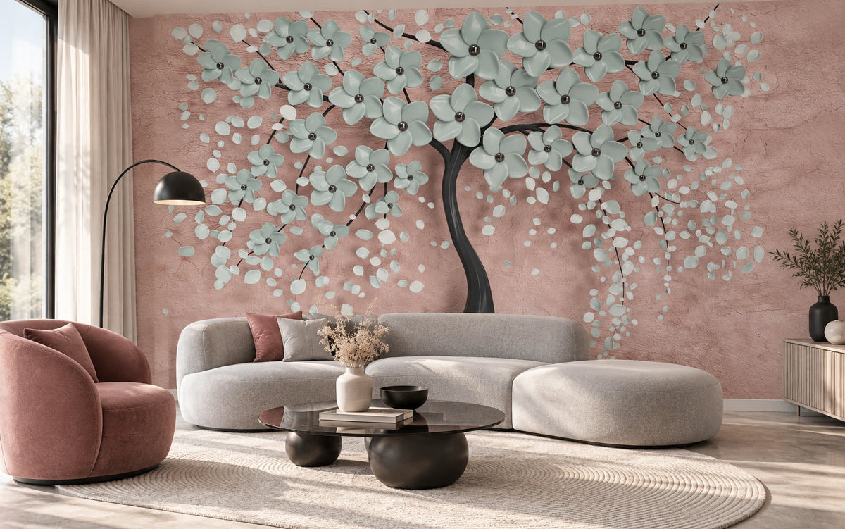Papier peint panoramique arbre en fleur 3D - Salon, Cuisine
