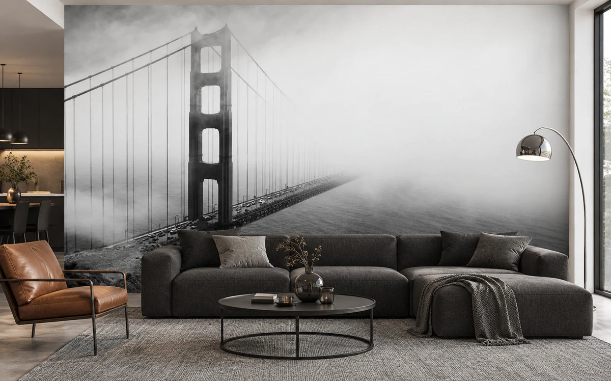Papier peint panoramique photo du Golden Gate noir et blanc - Salon, Cuisine
