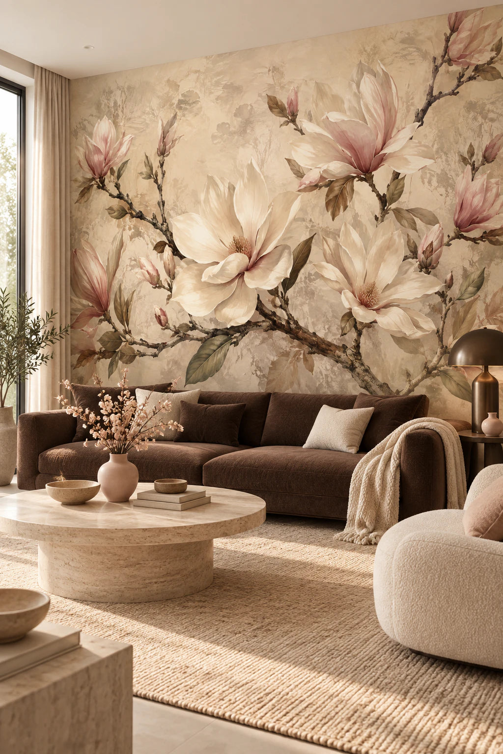 Papier peint panoramique Magnolias Poudrés - Fleurs beige et rose - Salon, Cuisine