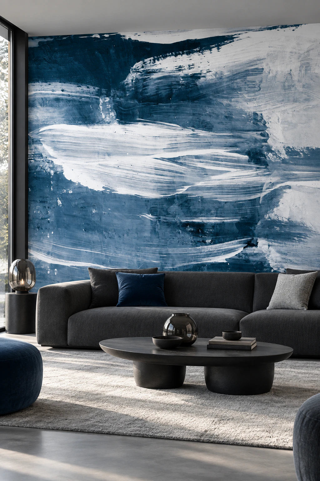 Papier peint panoramique peinture abstraite bleue - Salon, Cuisine